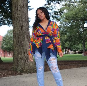 Custom African Print & Denim peplum cardigan